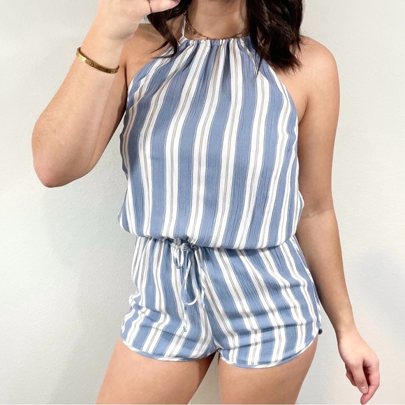 Lulus Pants - Blue and white striped halter romper